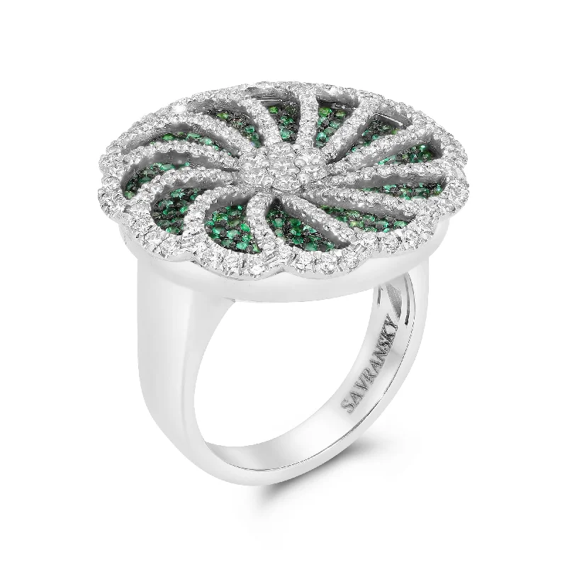 Women’s floral engagement rings-Emerald & Diamond Flower-Shaped Spinning Ring