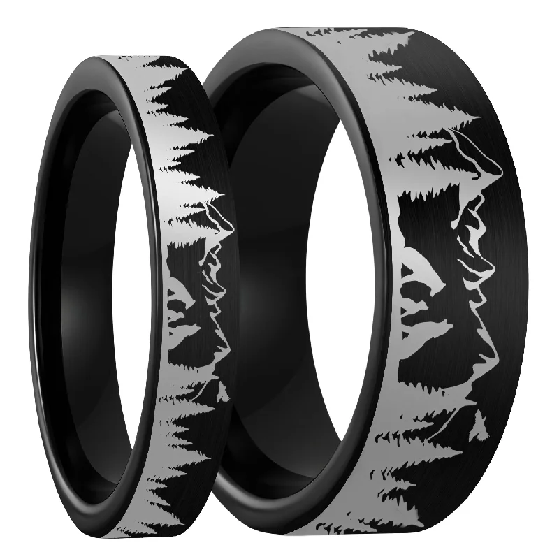 Luxury rings for women-Wolf Landscape Scene Brushed Black Tungsten Couple's Matching Wedding Band Set