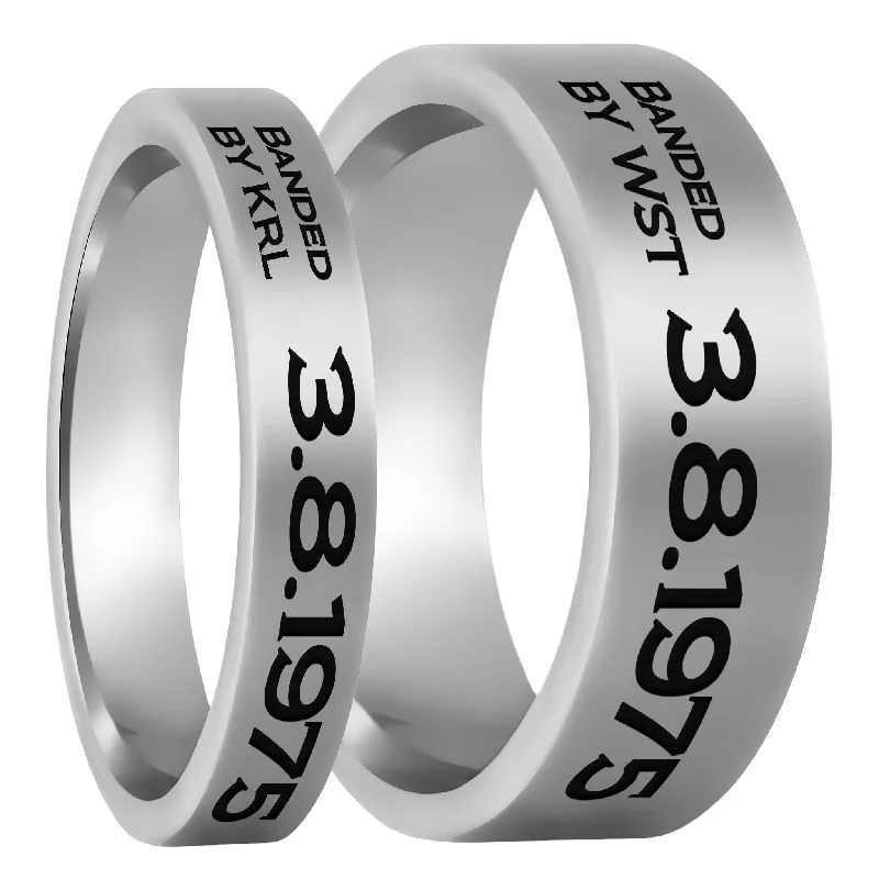 Women’s diamond halo rings-Duck Band Style Custom Engraved Tungsten Couple's Matching Ring Set