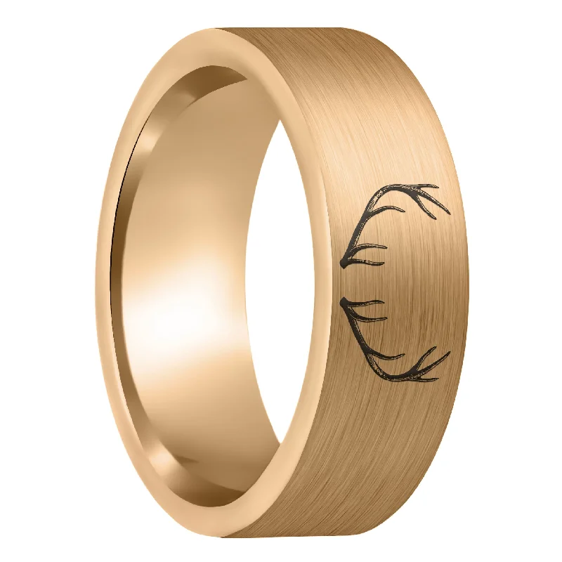 Women’s eternity rings-Antler Engraved Brushed Rose Gold Tungsten Men's Wedding Band