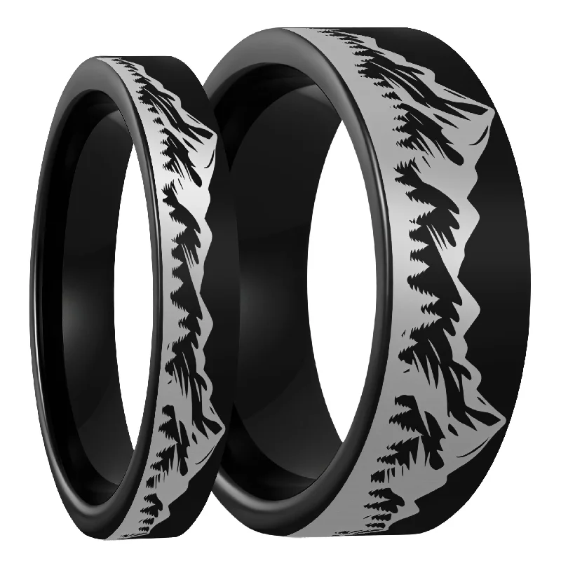 Women’s rings for special occasions-Mountain Range Forest Black Tungsten Couple's Matching Wedding Band Set