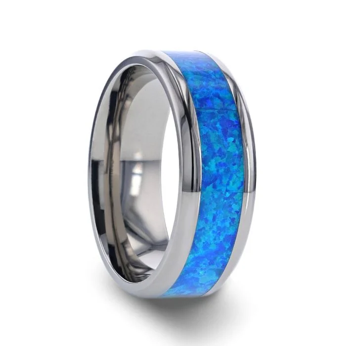 Women’s personalized name rings-Titanium Men's Wedding Band with Blue Green Opal Inlay