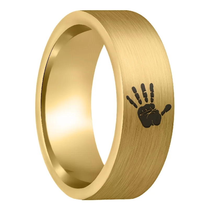 Women’s sapphire engagement rings-Custom Handprint Brushed Gold Tungsten Men's Ring