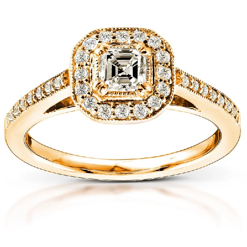 Women’s marquise engagement rings-Annello by Kobelli 14k Yellow Gold 1/2ct TDW Asscher Diamond Halo Engagement Ring