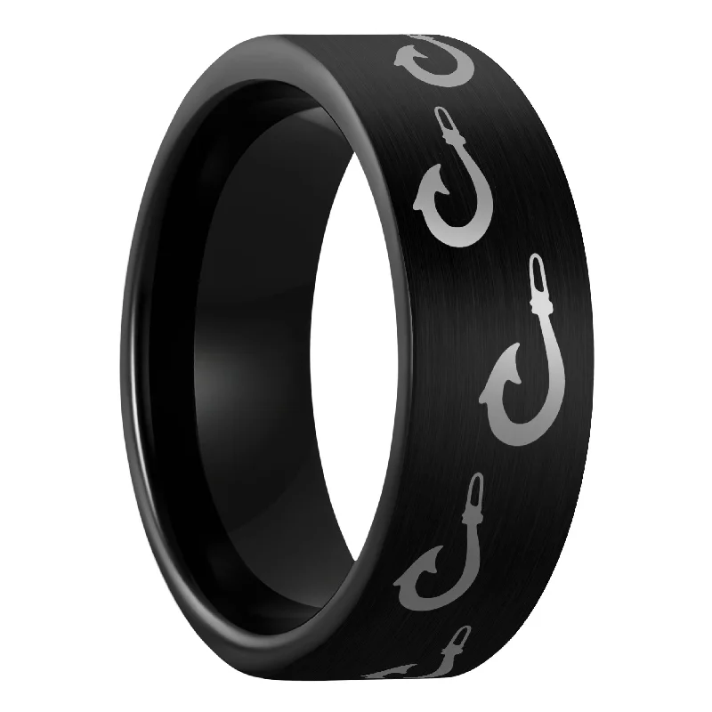 Women’s stylish rings-Polynesian Fishing Hook Brushed Black Tungsten Men's Wedding Band