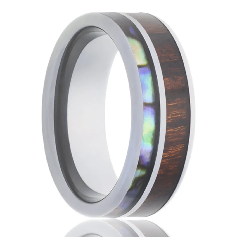 Women’s large rings-Koa Wood & Abalone Inlay Cobalt Wedding Band