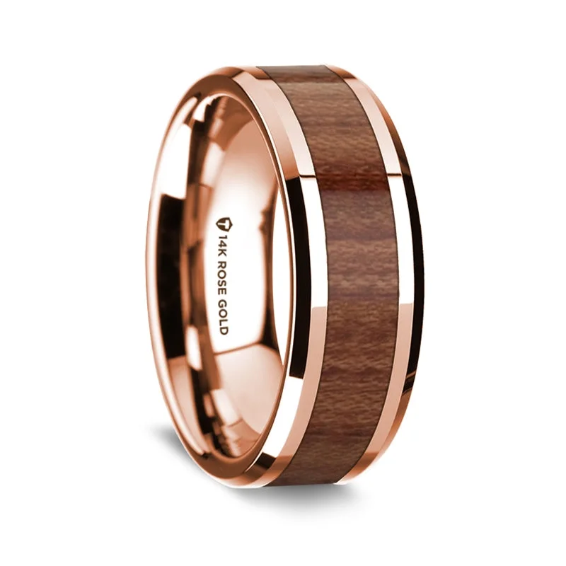 Women’s colored gemstone rings-14k Rose Gold Men's Wedding Band with Rosewood Inlay