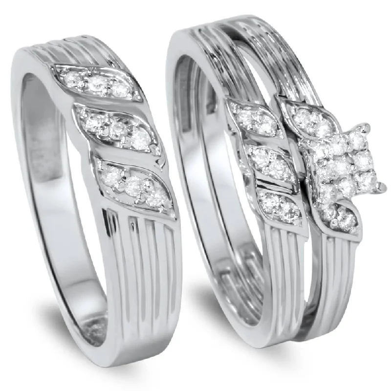 Women’s vintage-inspired engagement rings-1/3ct Engagement Trio Ring Set 10K White Gold