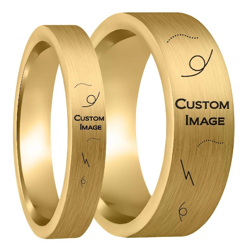 Women’s solitaire diamond rings-Custom Image Engraved Brushed Gold Tungsten Couple's Matching Ring Set