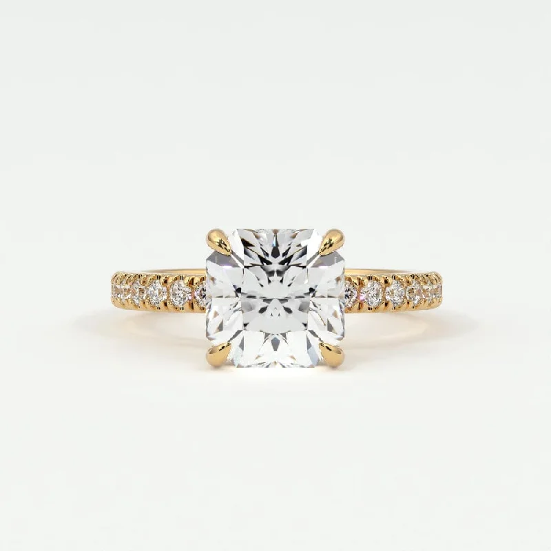 Women’s white gold solitaire engagement rings-Square Radiant Diamond Pave Band, Hidden Halo