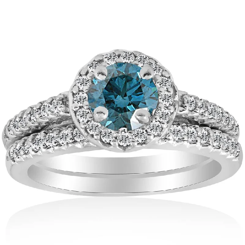 Women’s two-tone engagement rings-3/4Ct Halo Round Blue Diamond Engagement Matching Wedding Ring Set White Gold