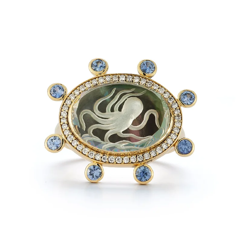 Women’s ring with diamond accents-Large Octopus Caspian Ring- Grey Mother-of-Pearl, Diamond and Light Sapphire