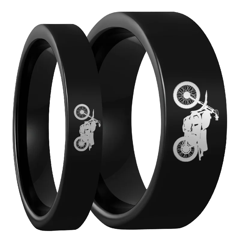 Women’s engagement rings with sapphires-Dirt Bike Black Tungsten Couple's Matching Wedding Band Set