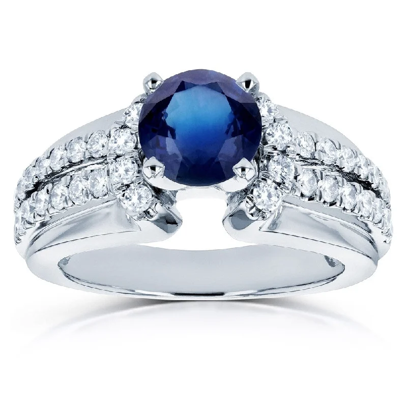 Women’s wedding band engagement rings-Annello by Kobelli 14k White Gold 1 1/2ct TGW Blue Sapphire and Diamond Split Shank Engagement Ring