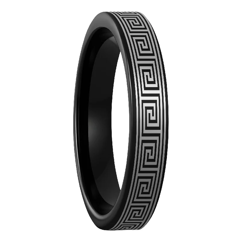 Affordable diamond rings for women-Greek Key Black Tungsten Women's Wedding Band