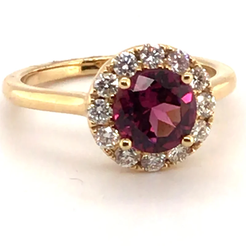 Women’s hand-crafted engagement rings-14k Yellow Gold Round Rhodolite Garnet and Diamond Halo Ring