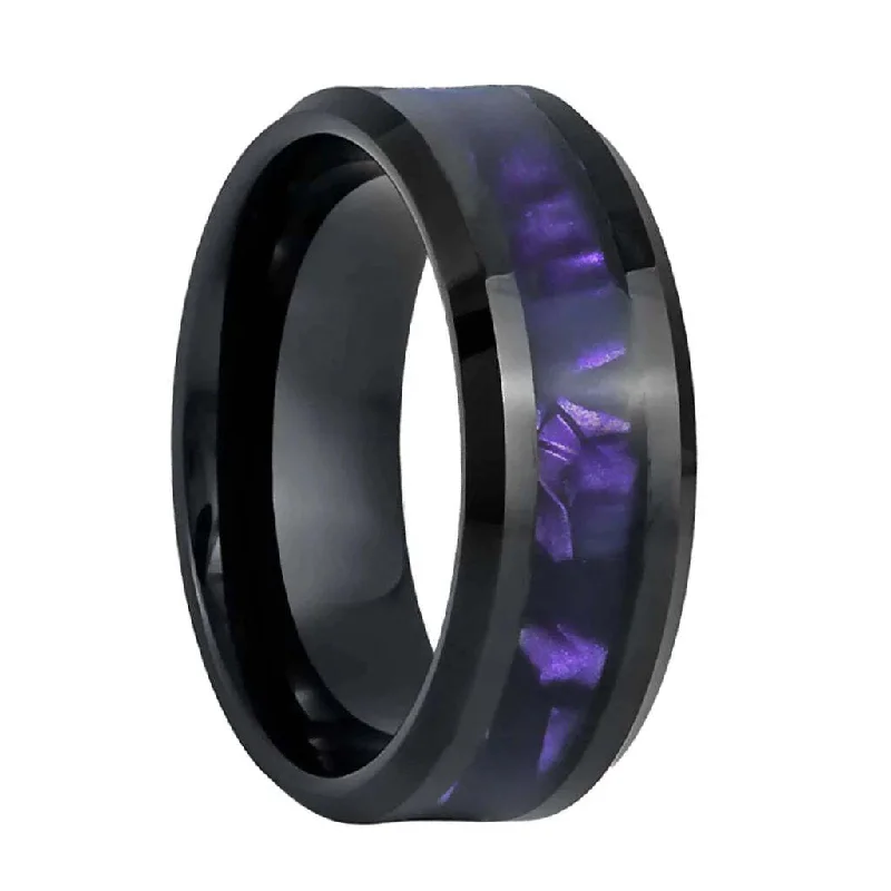 Women’s modern rings-Black Tungsten Men's Wedding Band with Purple Inlay