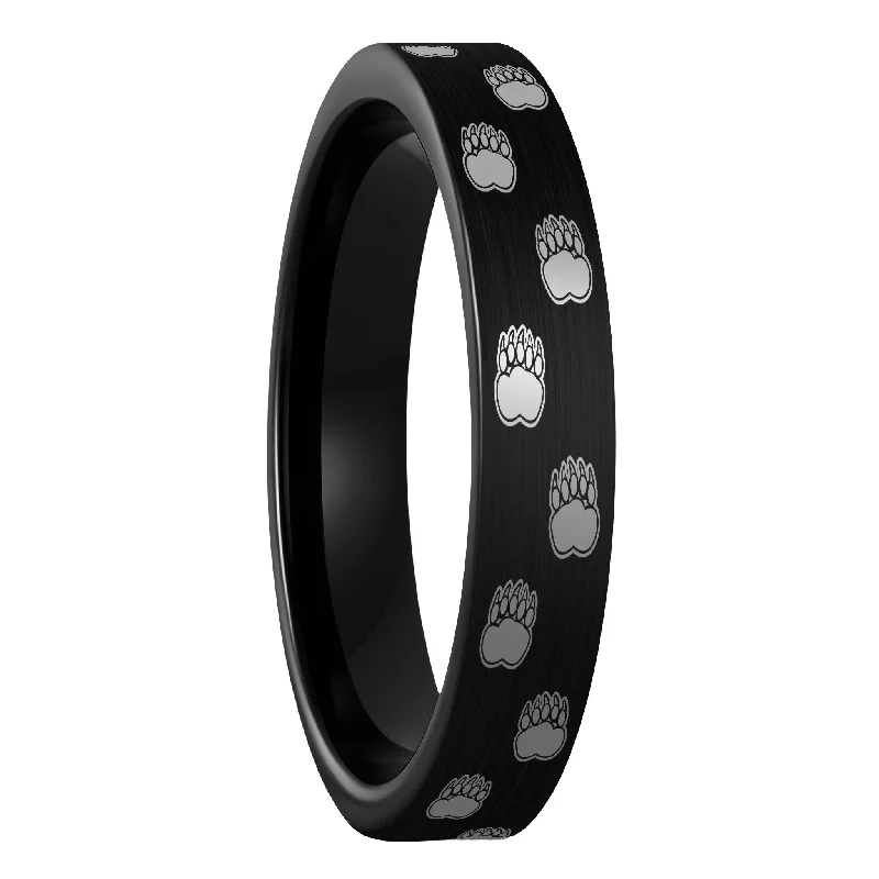 Customizable rings for women-Bear Paw Print Brushed Black Tungsten Women's Ring