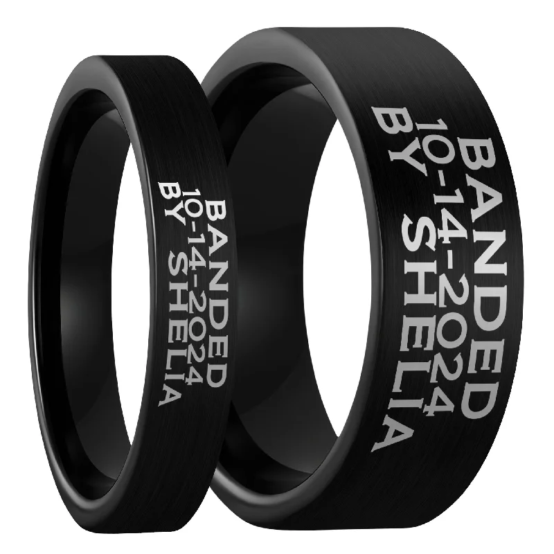 Women’s pearl rings-Duck Band Custom Engraved Brushed Black Tungsten Couple's Matching Ring Set