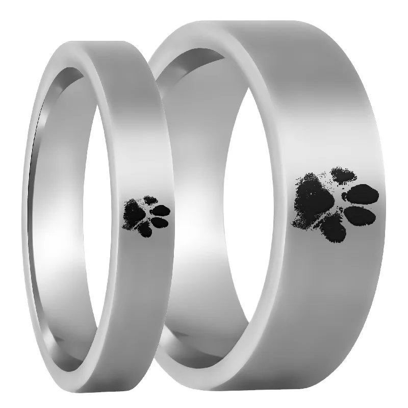 Women’s diamond halo rings-Custom Paw Print Tungsten Couple's Matching Ring Set