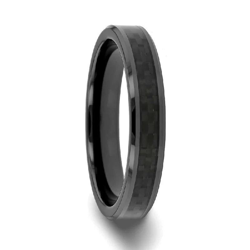 Women’s rings with colored stones-Black Ceramic Women's Wedding Band with Black Carbon Fiber Inlay