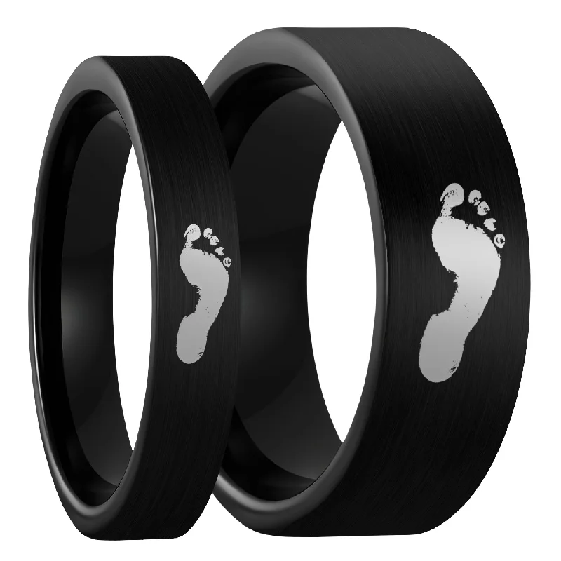 Women’s diamond accent rings-Custom Footprint Brushed Black Tungsten Couple's Matching Ring Set