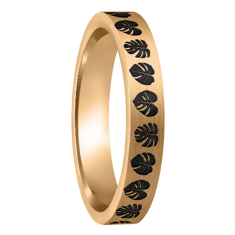 Women’s twisted rings-Monsterra Leaves Brushed Rose Gold Tungsten Women's Wedding Band