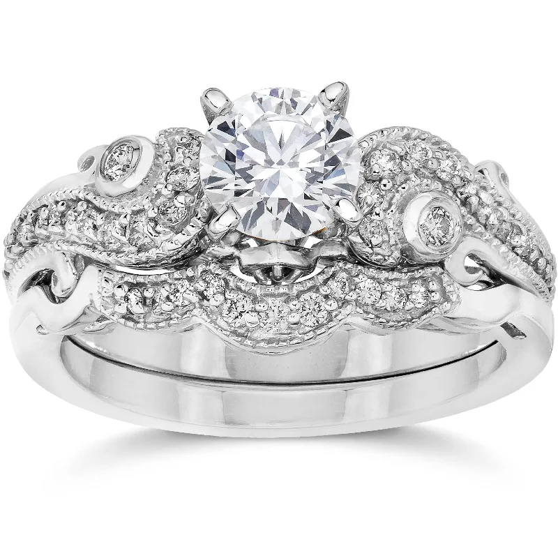 Women’s double halo engagement rings-Emery 3/4Ct Vintage Diamond Engagement Wedding Ring Set 14K White Gold