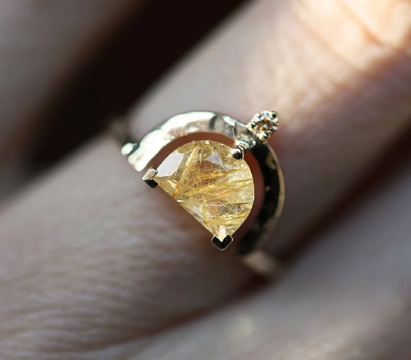 Women’s custom wedding engagement rings-Unique Half Moon Rutile Quartz Ring With Champagne Diamond