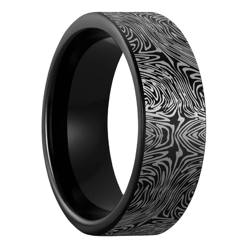 Women’s twisted rings-Damascus Steel Pattern Engraved Brushed Black Tungsten Men's Wedding Band