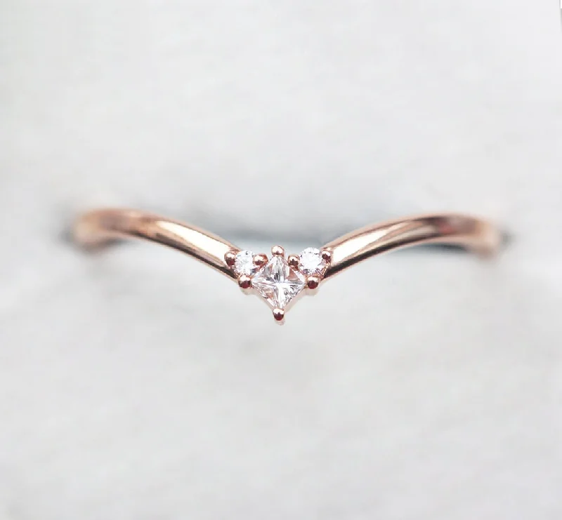 Women’s stackable engagement rings-Diamond wedding band, Chevron ring, Rose gold ring, V shaped