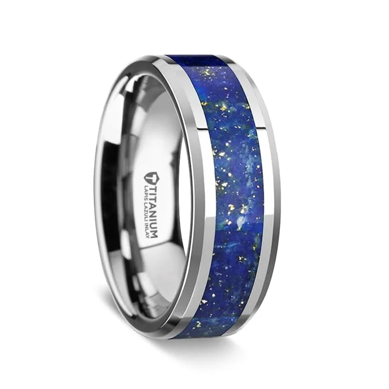 Women’s large statement rings-Titanium Men's Wedding Band with Blue Lapis Lazuli Inlay