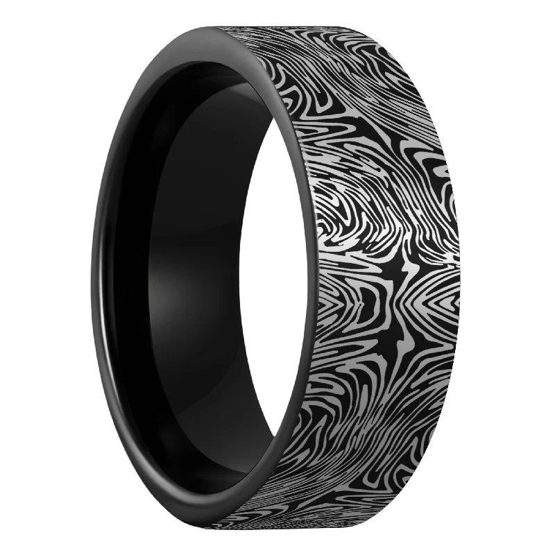 Women’s rings with diamonds-Damascus Steel Pattern Engraved Black Tungsten Men's Wedding Band