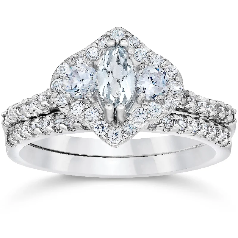 Women’s classic engagement rings-1 3/4ct Marquise Halo Diamond Vintage Engagement Ring Set 14K White Gold