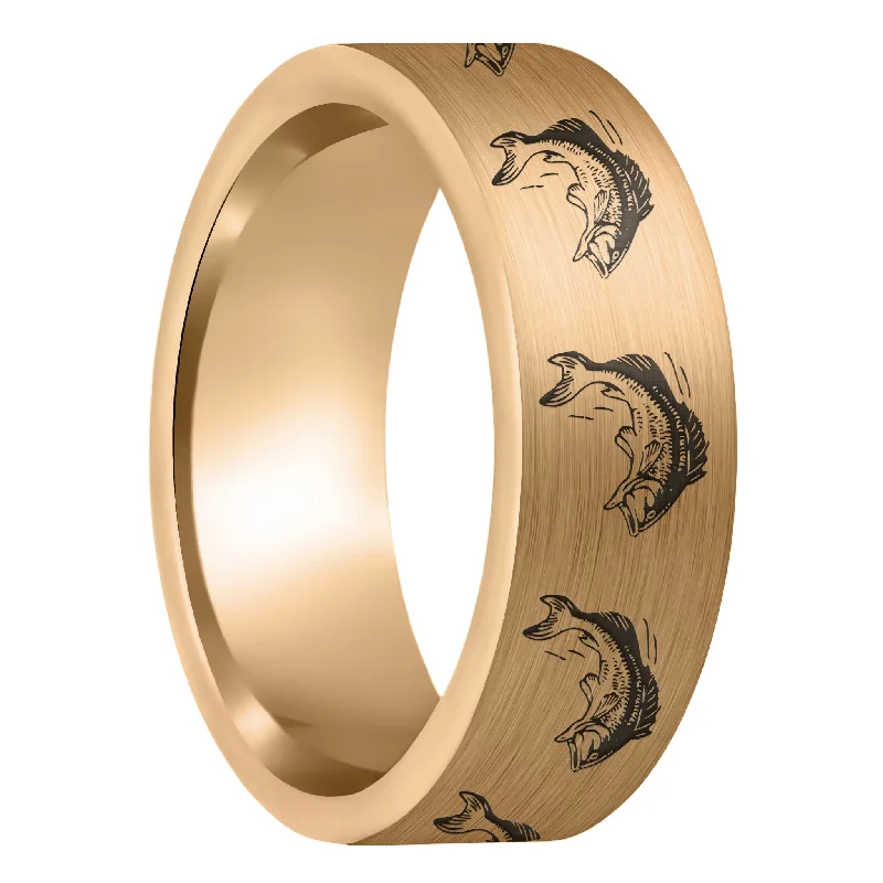 Diamond rings for women-Bass Fish Brushed Rose Gold Tungsten Men's Wedding Band