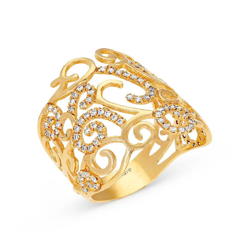 Women’s platinum engagement rings-Filigree and Diamond Yellow Gold Ring