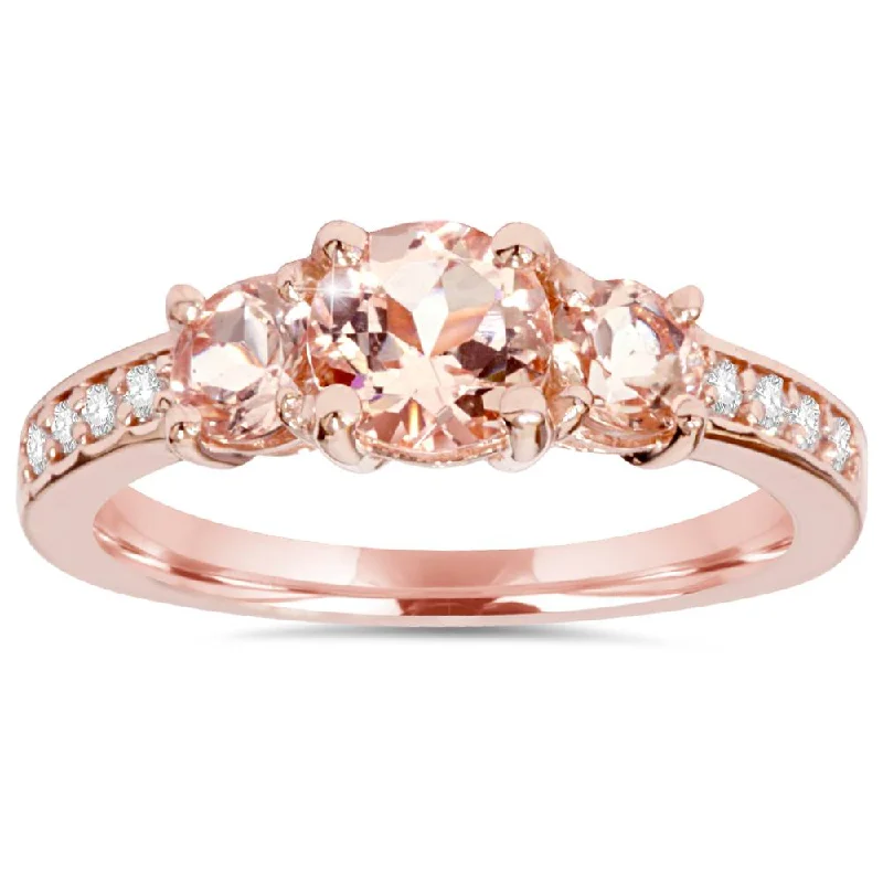 Women’s minimalist gold engagement rings-1 1/2CT Morganite & Diamond 3-Stone Engagement Ring 14K Rose Gold