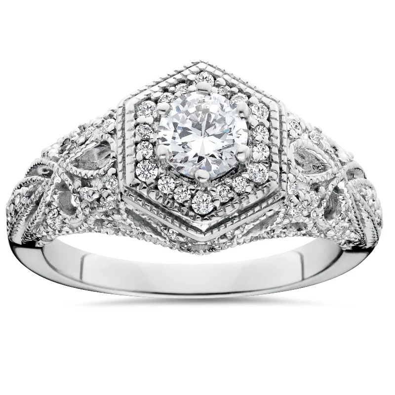 Women’s art deco-inspired engagement rings-3/4ct Vintage Halo Round Diamond Engagement Ring 14K White Gold