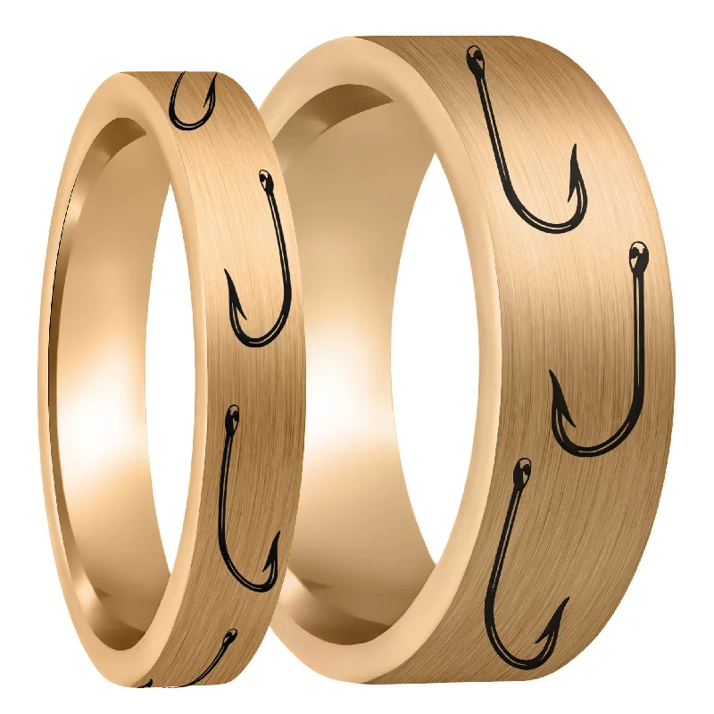 Women’s diamond cocktail rings-Fishing Hook Brushed Rose Gold Tungsten Couple's Matching Wedding Band Set