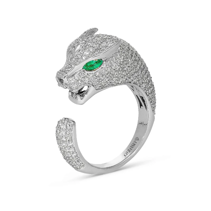 Women’s contemporary engagement rings-Novelty Diamond and Emerald Jaguar Statement Ring