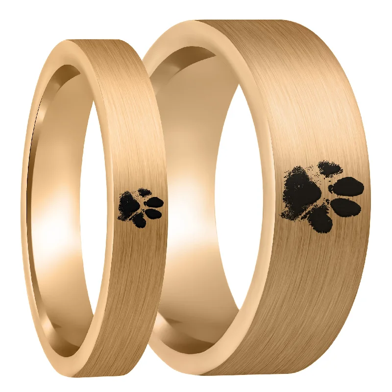 Women’s simple gold rings-Custom Paw Print Brushed Rose Gold Tungsten Couple's Matching Ring Set