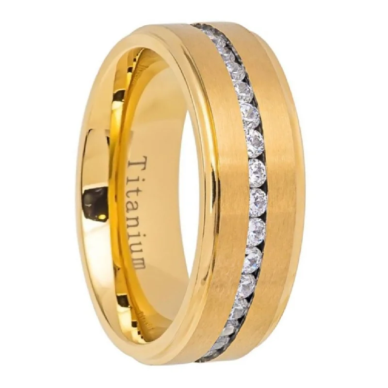 Women’s statement gemstone rings-Yellow Gold Titanium Men's Wedding Band with Cubic Zirconia