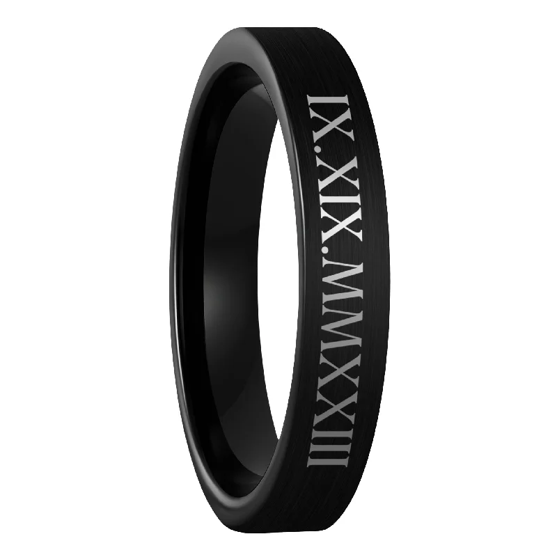 Women’s eternity rings-Roman Numeral Date Brushed Black Tungsten Women's Wedding Band