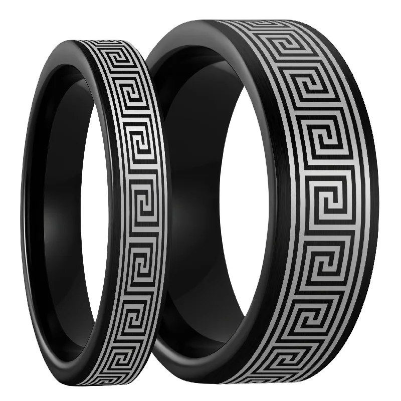 Women’s statement gemstone rings-Greek Key Brushed Black Tungsten Couple's Matching Wedding Band Set