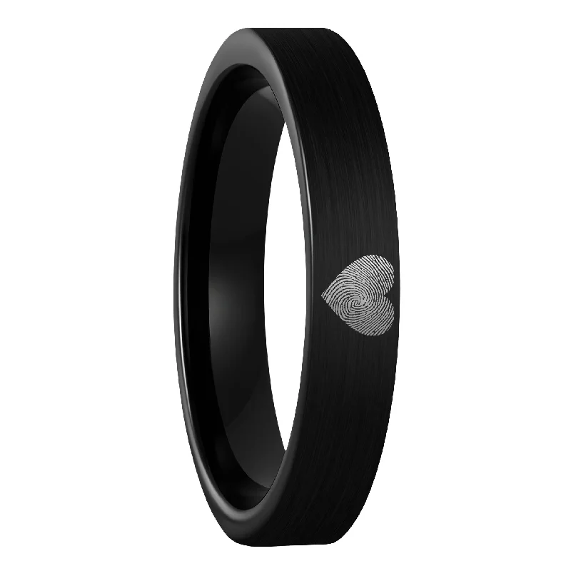 Women’s ring sets-Custom Heart Fingerprint Brushed Black Tungsten Women's Ring