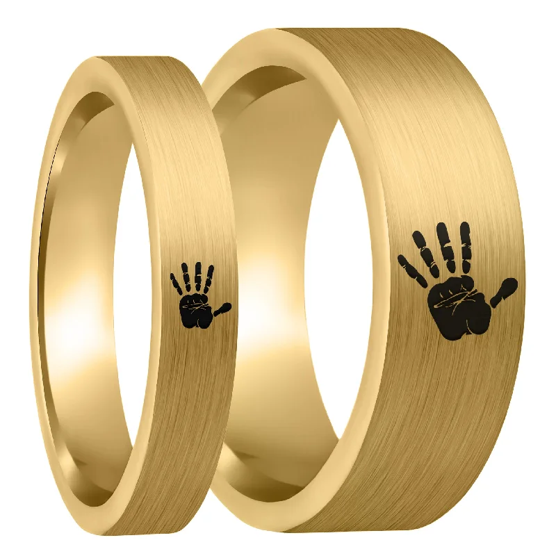 Women’s rings for special occasions-Custom Handprint Brushed Gold Tungsten Couple's Matching Ring Set