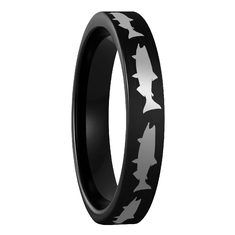 Women’s statement rings-Salmon Fish Brushed Black Tungsten Women's Wedding Band