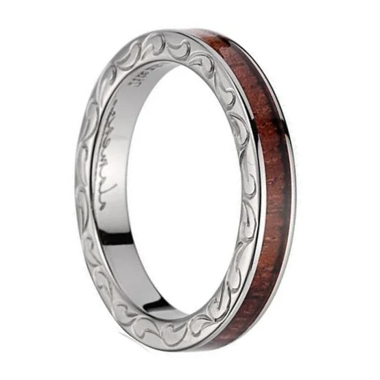 Women’s platinum rings-Titanium Women's Wedding Band with Koa Wood Inlay & Hand Engraved Scroll