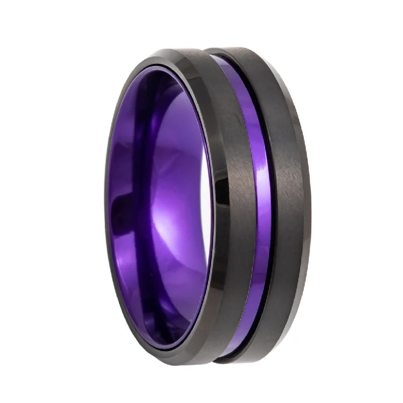 Women’s statement gemstone rings-Black Tungsten Men's Wedding Band with Purple Groove