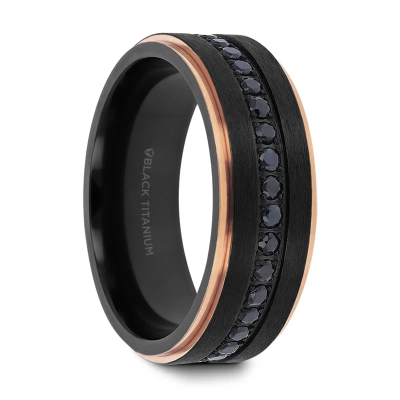 Women’s silver statement rings-Black Titanium Men's Wedding Band with Rose Gold Edges & Black Sapphires